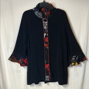 Ali Miles Black Jacket/Top with Red Floral Accents Size XL Viscose Poly Spandex